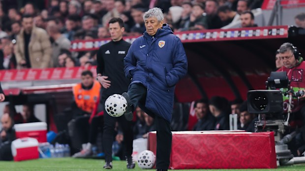 Head coach of Romania Mircea Lucescu is seen during the play-offs match between Türkiye and Romania.