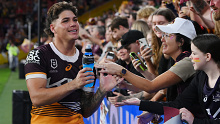 Reece Walsh interacts with the crowd following the Broncos' NRL Qualifying Final win over the Melbourne Storm at Suncorp Stadium on September 08, 2023 in Brisbane, Australia. (Photo by Bradley Kanaris/Getty Images)