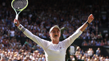 LONDON, ENGLAND - JULY 13: Barbora Krejcikova of Czechia celebrates winning Championship point against Jasmine Paolini of Italy during her Ladies' Singles Final match during day thirteen of The Championships Wimbledon 2024 at All England Lawn Tennis and Croquet Club on July 13, 2024 in London, England. (Photo by Clive Brunskill/Getty Images)