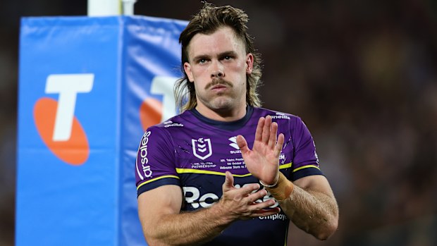 Ryan Papenhuyzen thanks the fans after the 2024 NRL grand final, which the Storm lost to the Panthers.