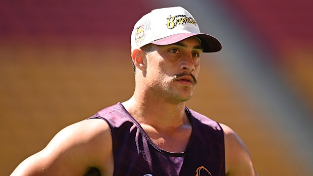 BRISBANE, AUSTRALIA - SEPTEMBER 20: Kotoni Staggs is seen during a Brisbane Broncos NRL training session at Suncorp Stadium on September 20, 2023 in Brisbane, Australia. (Photo by Albert Perez/Getty Images)