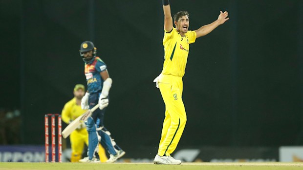 Mitchell Starc appeals against Nuwan Thushara during the first Twenty20 in Colombo last Tuesday.(AP Photo/Eranga Jayawardena)