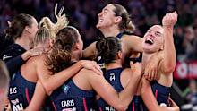 Kiera Austin of the Melbourne Vixens celebrates winning the 2025 Super Netball Grand Final against the Fever.
