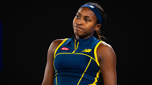 MELBOURNE, AUSTRALIA - JANUARY 25: Coco Gauff of the United States reacts during her match against Aryna Sabalenka in the semi-final on Day 12 of the 2024 Australian Open at Melbourne Park on January 25, 2024 in Melbourne, Australia (Photo by Robert Prange/Getty Images)