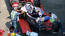 The destroyed car of Ayrton Senna after his crash during the 1994 San Marino Grand Prix in Imola, Italy on May 01, 1994. (Photo by Jean-Marc LOUBAT/Gamma-Rapho via Getty Images)