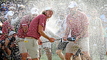 Cameron Smith, Marc Leishman and the rest of the Ripper GC team are soaked with champagne winning the individual team stroke-play finals at the LIV Golf Team Championship Dallas.
