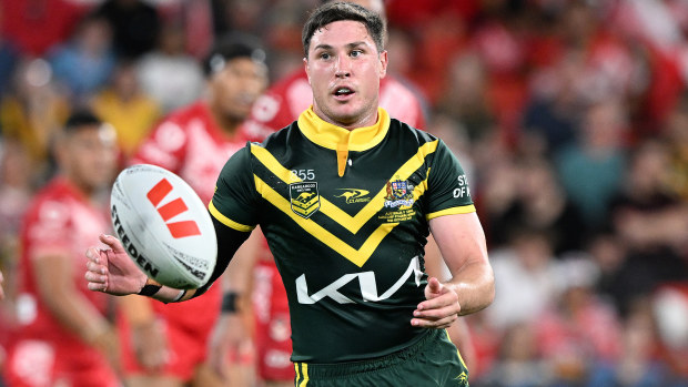 Mitchell Moses from Australia passes the ball.