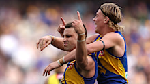 PERTH, AUSTRALIA - APRIL 14: Elliot Yeo of the Eagles celebrates a goal with Harley Reid during the round five AFL match between West Coast Eagles and Richmond Tigers at Optus Stadium, on April 14, 2024, in Perth, Australia. (Photo by Paul Kane/Getty Images)