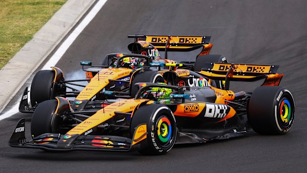 McLaren teammates Lando Norris and Oscar Piastri battle for track position during the Hungarian Grand Prix.