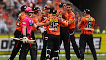  Aaron Hardie of the Scorchers celebrates the wicket of Steve Smith.