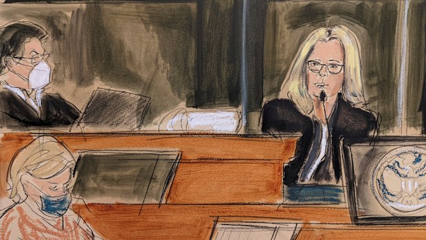In this courtroom sketch Eva Andersson Dubin, right, testifies as Judge Alison Nathan, left, listens on the bench during the Ghislaine Maxwell's sex trafficking trial, Friday, Dec. 17, 2021, in New York. 