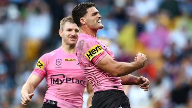 Nathan Cleary of the Panthers celebrates after scoring a try during the round nine NRL match between the Penrith Panthers and Brisbane Broncos at Suncorp Stadium on May 04, 2025, in Brisbane, Australia. (Photo by Chris Hyde/Getty Images)