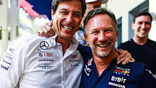 ABU DHABI, UNITED ARAB EMIRATES - NOVEMBER 26: Red Bull Racing Team Principal Christian Horner and Mercedes GP Executive Director Toto Wolff pose for a photo in the Paddock after the F1 Grand Prix of Abu Dhabi at Yas Marina Circuit on November 26, 2023 in Abu Dhabi, United Arab Emirates. (Photo by Mark Thompson/Getty Images)