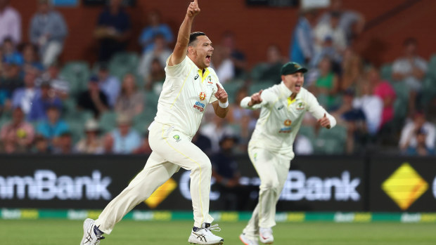 Scott Boland of Australia celebrates the wicket of Jermaine Blackwood of West Indies during day three of the Second Test Match in the series between Australia and the West Indies at Adelaide Oval on December 10, 2022 in Adelaide, Australia. (Photo by Chris Hyde/Getty Images)