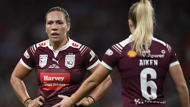 Evania Pelite during the first half of the series opening women's State of Origin clash at Suncorp Stadium.