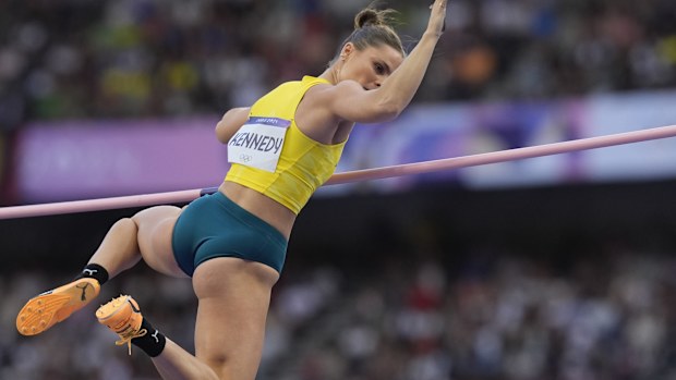 Nina Kennedy, of Australia, competes in the women's pole vault final at the 2024 Summer Olympics, Wednesday, Aug. 7, 2024, in Saint-Denis, France. (AP Photo/Rebecca Blackwell)