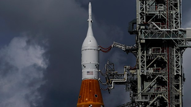 The NASA moon rocket stands on Pad 39B before the Artemis 1 mission to orbit the moon at the Kennedy Space Center, Friday, Sept. 2, 2022, in Cape Canaveral, Fla. (AP Photo/Brynn Anderson)