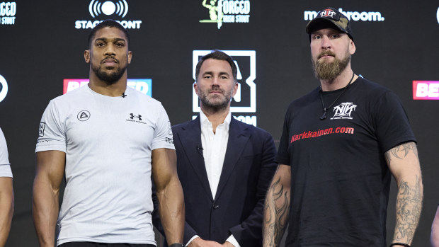 Anthony Joshua and Robert Helenius during a press conference prior to their Heavyweight fight on August 9, 2023 in London, England. (Photo by Mark Robinson/Matchroom Boxing via Getty Images)