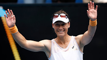 Cropped: Samantha Stosur of Australia acknowledges the crowd after their round one doubles match against Hao-Ching Chan of Chinese Taipei and Zhaoxuan Yang of China during day four of the 2023 Australian Open at Melbourne Park on January 19, 2023 in Melbourne, Australia. (Photo by Daniel Pockett/Getty Images)