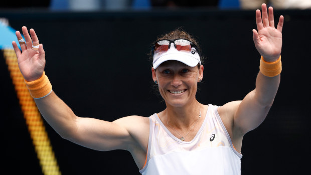 Samantha Stosur of Australia acknowledges the crowd after their round one doubles match against Hao-Ching Chan of Chinese Taipei and Zhaoxuan Yang of China during day four of the 2023 Australian Open at Melbourne Park on January 19, 2023 in Melbourne, Australia. (Photo by Daniel Pockett/Getty Images)