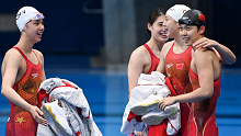 Peng Xuwei, Zhang Yufei, Tang Qianting and Yang Junxuan of China react after the women's 4X100m medley relay final of swimming at the Tokyo 2020 Olympic Games in Tokyo, Japan, Aug. 1, 2021. (Photo by Wang Jingqiang/Xinhua via Getty Images)