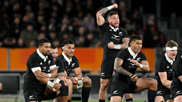 TJ Perenara of the New Zealand All Blacks leads the haka.