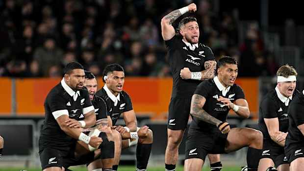 TJ Perenara of the New Zealand All Blacks leads the haka.
