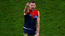 MELBOURNE, AUSTRALIA - SEPTEMBER 15: Joel Smith of the Demons celebrates a goal during the 2023 AFL First Semi Final match between the Melbourne Demons and the Carlton Blues at Melbourne Cricket Ground on September 15, 2023 in Melbourne, Australia. (Photo by Morgan Hancock/AFL Photos via Getty Images)