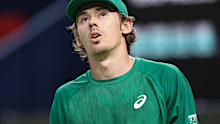 Alex De Minaur of Australia reacts during the match against Daniil Medvedev in the Men's singles Quarterfinal match on day 12 of the 2025 Shanghai Rolex Masters at Qi Zhong Tennis Center on October 10, 2025 in Shanghai, China.  (Photo by Qian Jun/MB Media/Getty Images)