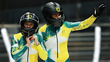 Pilot Bree Walker and brakewoman Kiara Reddingius of Australia react after competing in the two-woman bobsleigh final at Milano Cortina 2026.