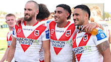 MUDGEE, AUSTRALIA - FEBRUARY 22: Clinton Gutherson, Tyrell Sloan and Valentine Holmes of the Dragons pose for a photo after the 2025 NRL Pre-Season Challenge Charity Shield match between St George Illawarra Dragons and South Sydney Rabbitohs at Glen Willow Sporting Complex on February 22, 2025 in Mudgee, Australia. (Photo by Mark Evans/Getty Images)