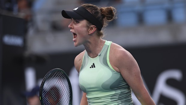 Elina Svitolina of Ukraine reacts during her second round match against Viktoriya Tomova of Bulgaria at the Australian Open.