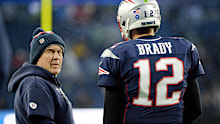 FOXBOROUGH, MASSACHUSETTS - NOVEMBER 24: Head coach Bill Belichick of the New England Patriots talks with Tom Brady #12 before the game against the Dallas Cowboys at Gillette Stadium on November 24, 2019 in Foxborough, Massachusetts. (Photo by Kathryn Riley/Getty Images)