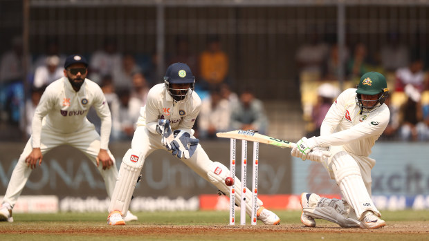 INDORE, INDIA - MARCH 01: Usman Khawaja of Australia bats during day one of the Third Test match in the series between India and Australia at Holkare Cricket Stadium on March 01, 2023 in Indore, India. (Photo by Robert Cianflone/Getty Images)