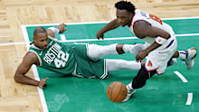 Boston, MA - May 7: Boston Celtics center Al Horford loses possession of the ball to New York Knicks forward OG Anunoby in the fourth quarter of Game 2 of the Eastern Conference Semifinals at TD Garden. (Photo by Danielle Parhizkaran/The Boston Globe via Getty Images)