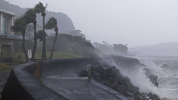High waves hit a coastal area in Ibusuki, Kagoshima prefecture, western Japan.