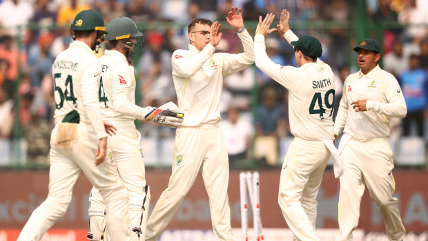 Todd Murphy of Australia celebrates taking the wicket of Virat Kohli of India during day three of the Second Test match in the series between India and Australia at Arun Jaitley Stadium on February 19, 2023 in Delhi, India. (Photo by Robert Cianflone/Getty Images)