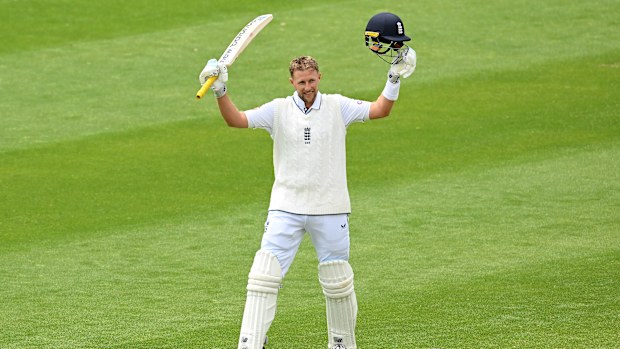 Joe Root celebrates after bringing up his century on day three of the second Test match between England and New Zealand.