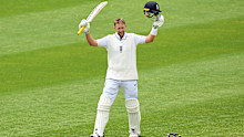 Joe Root celebrates after bringing up his century on day three of the second Test match between England and New Zealand.