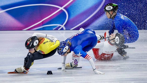 Kamila Sellier of Poland and Arianna Fontana of Italy and Kristen Santos-Griswold of United States of America competing on the Short Track Speed Skating Women's 1500m Quarterfinals on day fourteen of the Milano Cortina 2026 Winter Olympics at Milano Speed Skating Stadium on February 20, 2026 in Milan, Italy. (Photo by Henk Jan Dijks/Marcel ter Bals/DeFodi Images/DeFodi via Getty Images)ges)