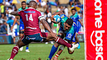 Suliasi Vunivalu trips Kitione Salawa at HFC Stadium.