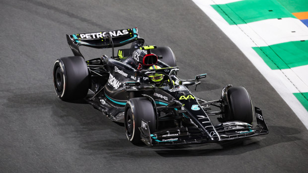 Lewis Hamilton of Great Britain driving the (44) Mercedes AMG Petronas F1 Team W14 on track during the F1 Grand Prix of Saudi Arabia at Jeddah Corniche Circuit on March 19, 2023 in Jeddah, Saudi Arabia. (Photo by Ayman Yaqoob/Anadolu Agency via Getty Images)