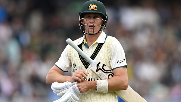 Marnus Labuschagne of Australia leaves the field after being dismissed by Marco Jansen.