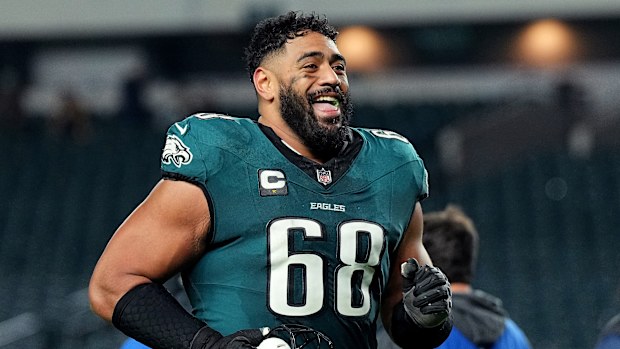 Jordan Mailata #68 of the Philadelphia Eagles reacts after defeating the Pittsburgh Steelers 27-13 at Lincoln Financial Field on December 15, 2024 in Philadelphia, Pennsylvania. (Photo by Mitchell Leff/Getty Images)