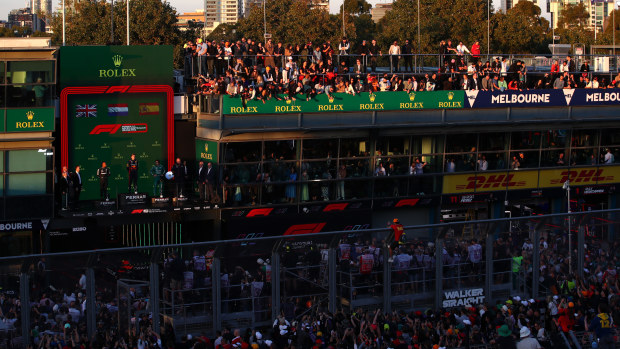 A general view of the podium showing Race winner Max Verstappen of the Netherlands and Oracle Red Bull Racing, Second placed Lewis Hamilton of Great Britain and Mercedes and Third placed Fernando Alonso of Spain and Aston Martin F1 Team during the F1 Grand Prix of Australia at Albert Park Grand Prix Circuit on April 02, 2023 in Melbourne, Australia. (Photo by Joe Portlock - Formula 1/Formula 1 via Getty Images)