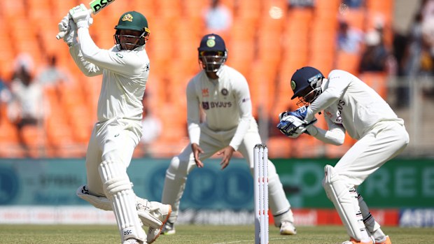 AHMEDABAD, INDIA - MARCH 09: Usman Khawaja of Australia bats during day one of the Fourth Test match in the series between India and Australia at Sardar Patel Stadium on March 09, 2023 in Ahmedabad, India. (Photo by Robert Cianflone/Getty Images)