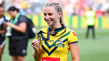 Tarryn Aiken poses with her medal for player of the match during the Pacific Cup women's final between the Australian Jillaroos and New Zealand Kiwi Ferns.