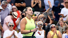 Aryna Sabalenka celebrates her quarter-final victory over Madison Keys at the 2026 Brisbane International.