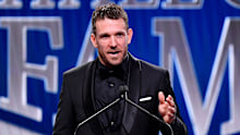 Dane Swan delivers his speech at the AFL Hall of Fame induction. 