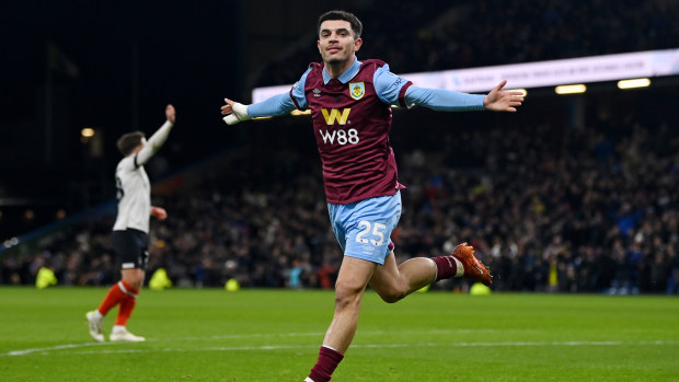 Zeki Amdouni of Burnley celebrates scoring his team's first goal during the Premier League match between Burnley FC and Luton Town at Turf Moor on January 12, 2024 in Burnley, England. (Photo by Gareth Copley/Getty Images)